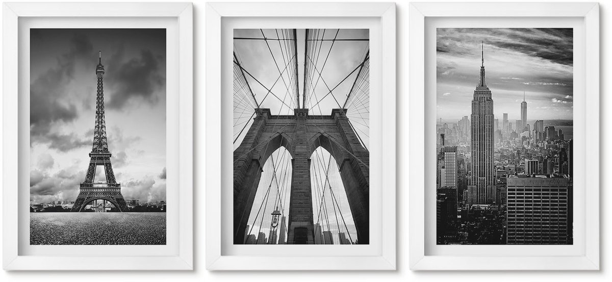 Wallfluent 3-Delige Schilderij Set - Torens En Bruggen In Monochrome Tinten - 20 x 30 - Decoratieve Schilderijen - Woonkamer - Interieur - Moderne Wanddecoratie