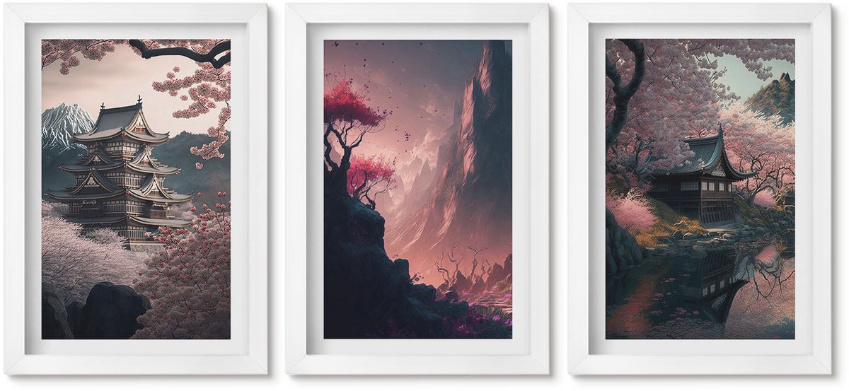 Wallfluent 3-Delige Schilderij Set - Fantasielandschappen Van Japan Berglandschappen - 20 x 30 - Schilderijen Set - Wanddecoratie - Woonkamer - Interieur Decoratie