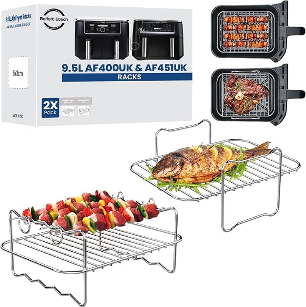 2 Stuks Siliconen Airfryer Bakjes voor Ninja Foodi Dual Zone 9,5L AF400EU & DZ400EU - 2,5mm Extra Dik - BPA-Vrij - Inclusief 2 RVS Roosters