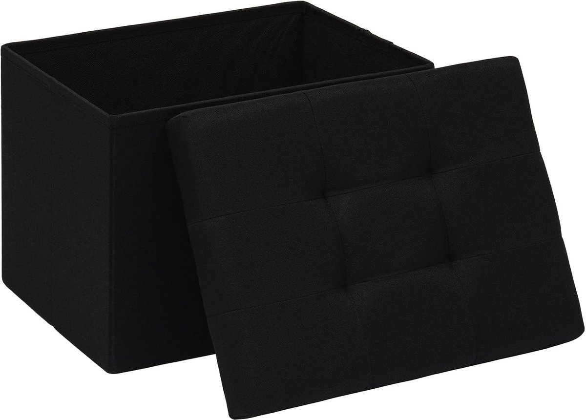 Linnen poef met opbergruimte - opvouwbaar - getuft - zwart 42 x 32 x 32 cm - deksel met 4 knoppen - gevoerde kruk en opbergdoos - ruimtebesparend - voor woonkamer - slaapkamer - hal