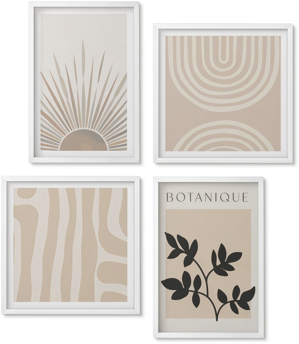 Wallfluent 4-Delige Schilderij Set - Abstracte Patronen Met Plantenaccenten In Neutrale Tinten. - 40 x 40 En 40 x 60 - Wanddecoratie - Moderne Interieurdecoratie - Interieur Decoratie