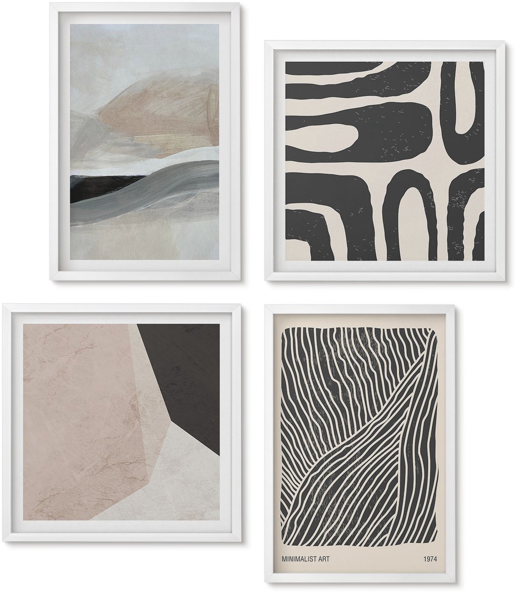 Wallfluent 4-Delige Schilderij Set - Abstracte Patronen, Vormen, Decoratieve Boho-Stijl - 40 x 40 En 40 x 60 - Schilderijen Set - Wanddecoratie - Woonkamer - Decoratieve Schilderijen