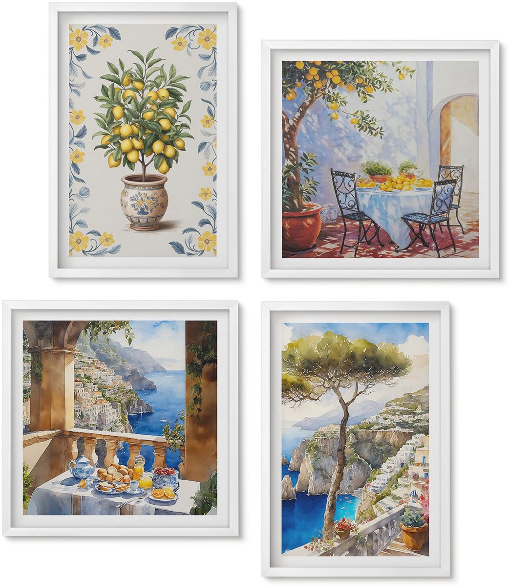 Wallfluent 4-Delige Schilderij Set - Zeegezicht Met Citroenbomen - Italiaanse Schilderijen - 40 x 40 En 40 x 60 - Schilderijen Set - Wanddecoratie - Woonkamer - Stijlvolle Muurdecoratie