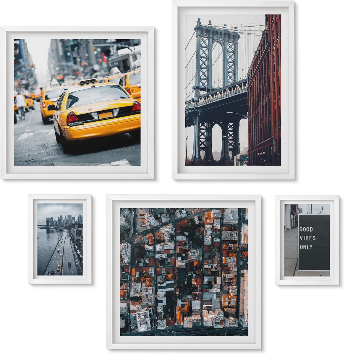 Wallfluent 5-Delige Schilderij Set - Charmante Stadsgezichten Vanuit Het Perspectief Van Het Leven In New York City - 50 x 50 cm, 20 x 30 cm En 40 x 60 cm - Decoratieve Muurdecoratie - Slaapkamer - Moderne Wanddecoratie