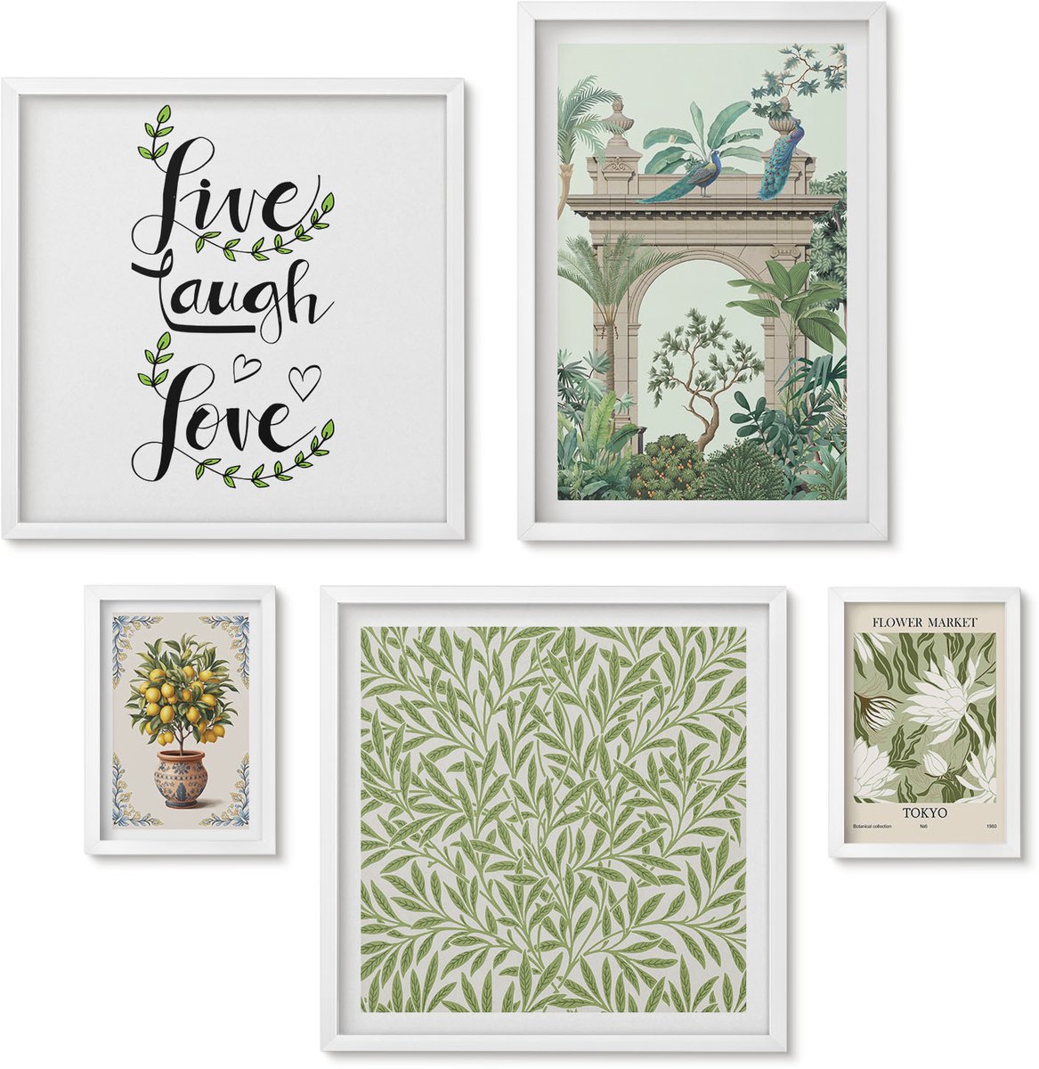 Wallfluent 5-Delige Schilderij Set - Plantenmotieven Met Exotische Accenten In Boho-Stijl. - 50 x 50 cm, 20 x 30 cm En 40 x 60 cm - Muurdecoratie - Decoratieve Schilderijen - Wohnzimmer - Wanddecoratie