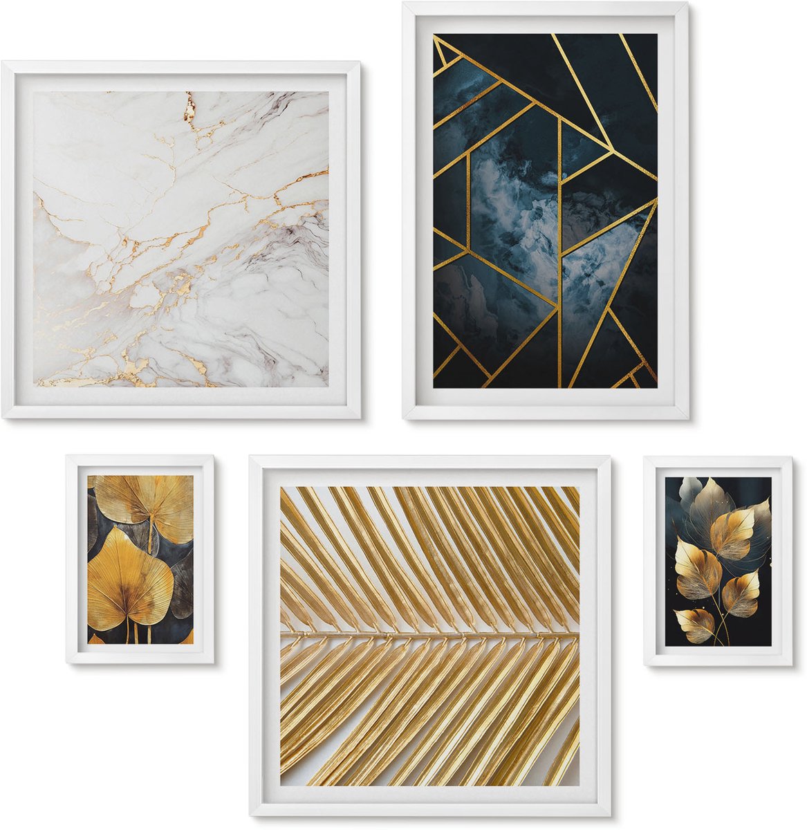 Wallfluent 5-Delige Schilderij Set - Stijlvolle Decoraties Met Bladmotieven En Geometrische Patronen. - 50 x 50 cm, 20 x 30 cm En 40 x 60 cm - Stijlvolle Muurdecoratie - Kantoor - Interieur Decoratie