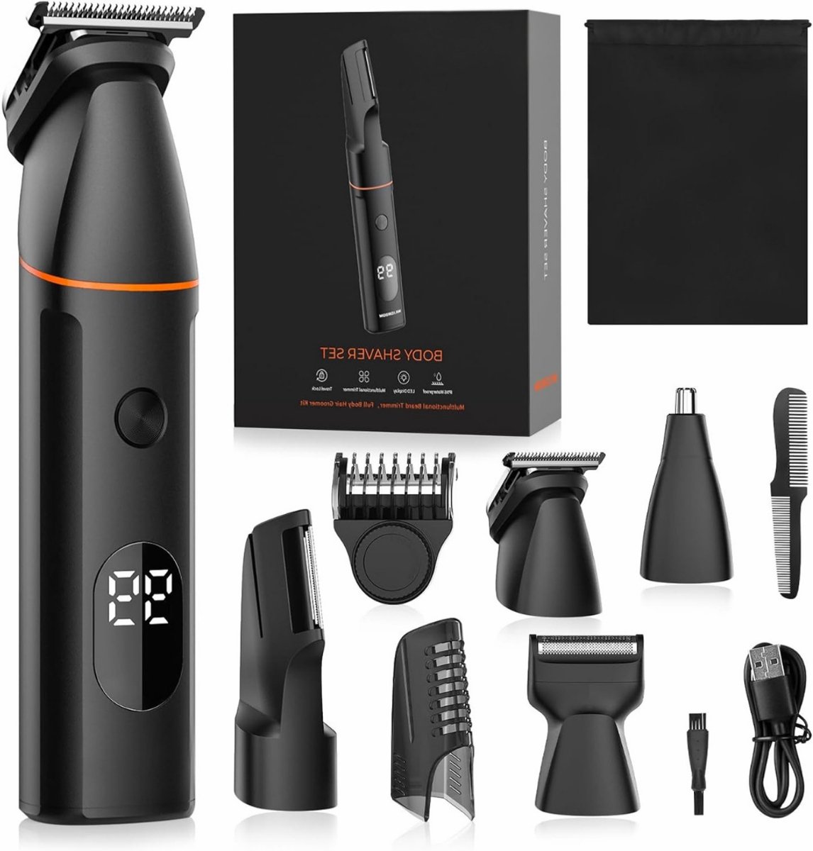 QUOVO® 4-in-1 Bodygroomer Mannen - Body Trimmer Heren - Nat & Droog Trimmen - Draadloze Baardtrimmer - Waterdicht Scheerapparaat Geschikt voor Lichaam / Baard / Intieme Delen – Trimmer Schaamstreek - Multigroomer Tondeuse - Zwart - 5cm x 4cm x 21cm
