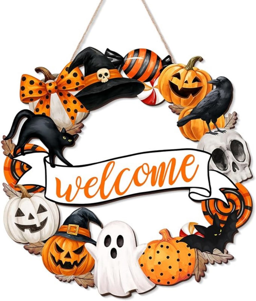 Hangend pompoenornament – 30 x 30 cm – Houten Halloween-bord voor de voordeur – Halloween-deurbordje – Wandhanger – Decoratie voor deur en muur – Pompoen-wanddecoratie – Sfeervolle decoratie voor Halloween-feest – Hangend bord voor huis, terras