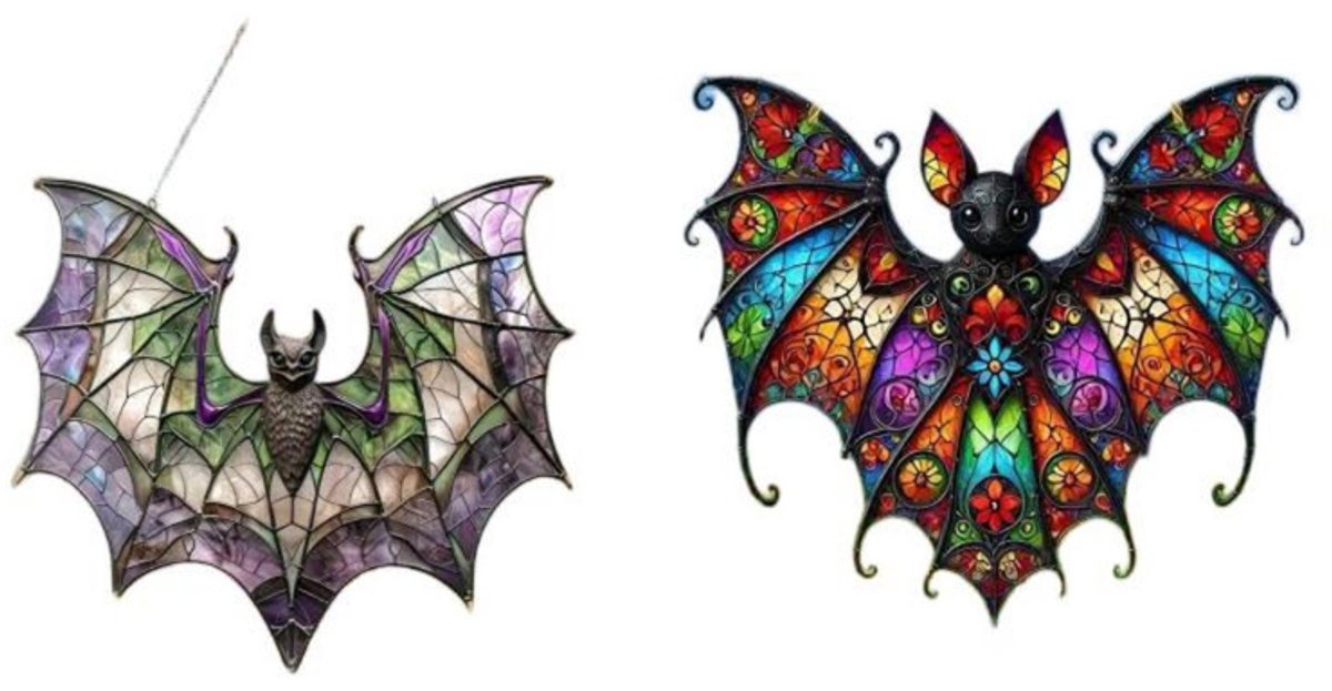 Platte 2D-hangdecoraties van acryl voor Halloween - 2 stuks - 20 x 0,2 cm – Vleermuisvorm – Hangende decoratie voor ramen en tuin – Decoratie voor binnen – Leuke Halloween-raamversiering – Glas-in-loodstijl – Geschikt voor ramen, keukens en interieur