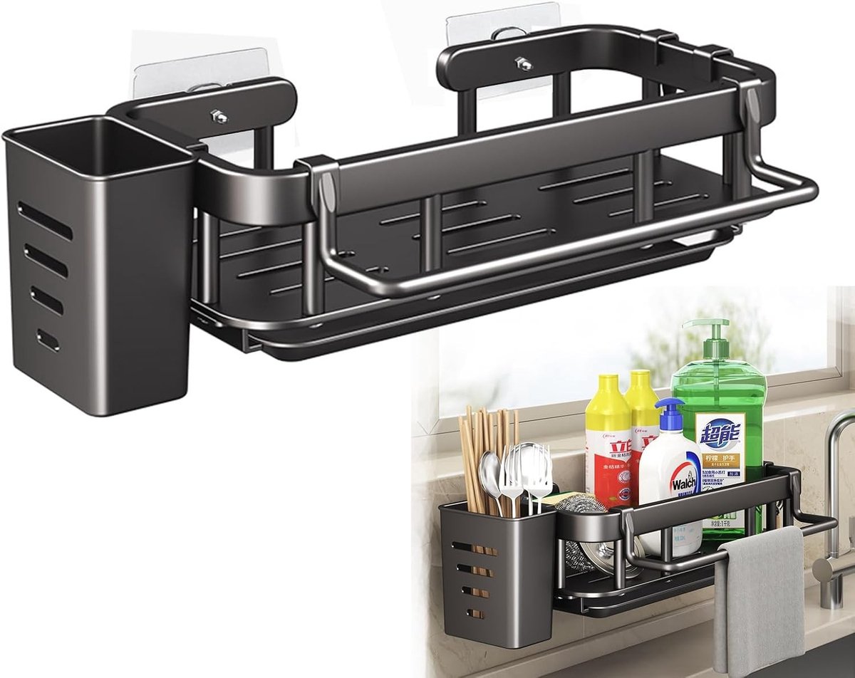 Gootsteenorganizer - Roestvrijstaal - Multifunctionele Keukenopslag - Handdoekenrek met Afneembare Afvoerpan - Voor Keuken en Badkamer