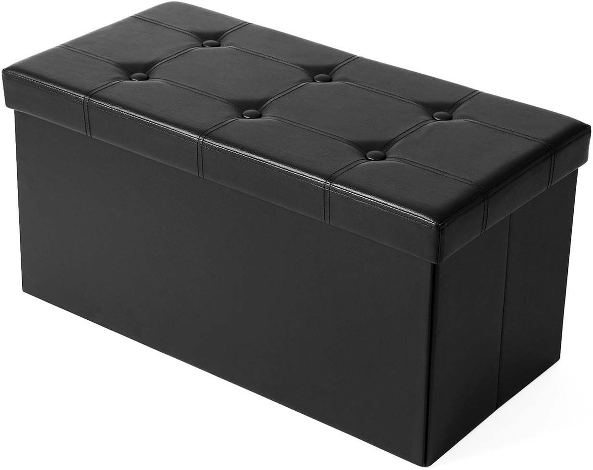 Opvouwbare opberghocker Voetenbank met kussen 76x38x38 cm zwart 80L grote opbergruimte Opvouwbaar ontwerp Extra dik en comfortabel kussen Max. draagvermogen 300 kg Gemakkelijk schoon te maken Geschikt voor woonkamer en slaapkamer