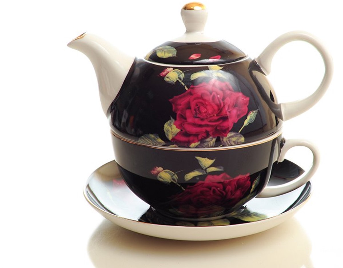 Theepot met Kop en Schotel - Rozen - Cadeau Set