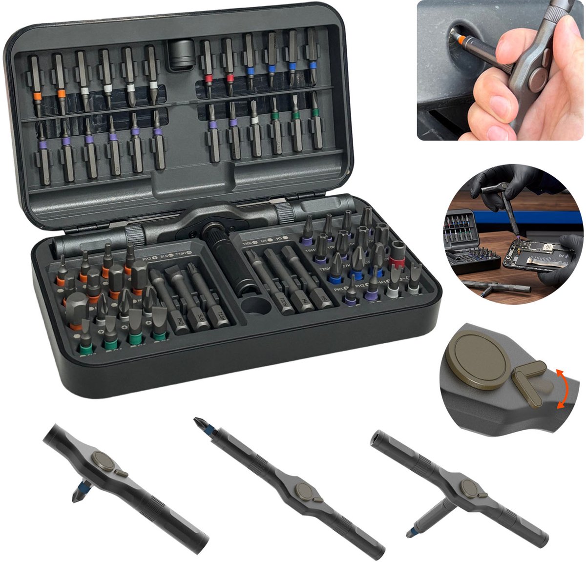 Wishdor 66-delige ratelschroevendraaierset - S2 staal precisie bits - Modulaire 3-in-1 handgreep - Reparatieset voor elektronica - Inclusief opbergdoos - 16,7 cm