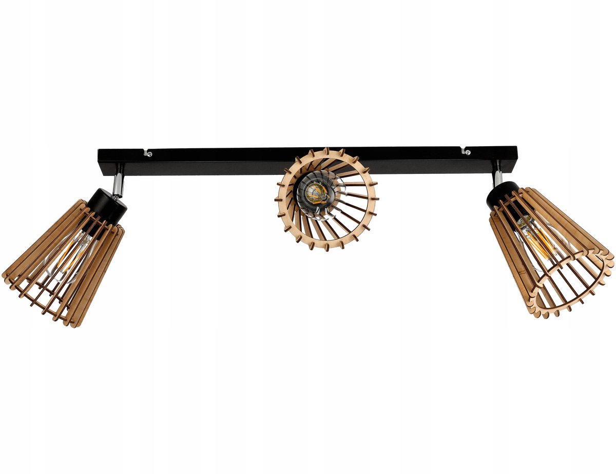 Merkloze Plafondlamp met 3 Houten Lampenkappen, Verstelbaar