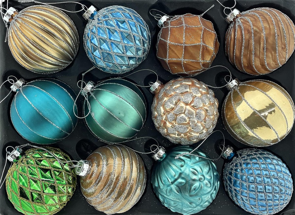 Set van 12 edele luxe glazen kerstballen, Ø 8 cm, kerstboomballen, kerstboomversiering, assortiment J - ShopVlot