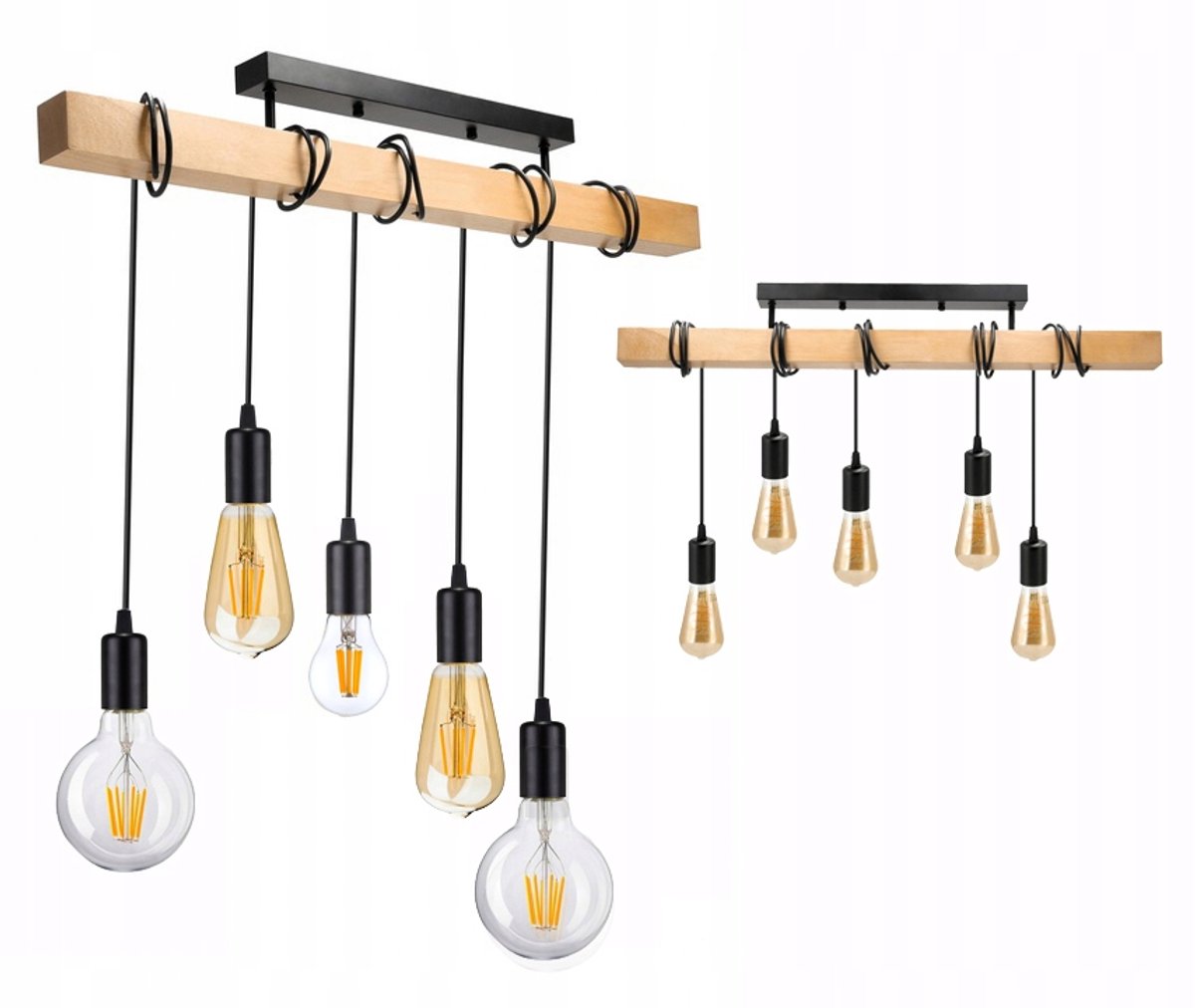 Houten Balk Hanglamp Zwart met 5x E27 Fitting - Loft Stijl