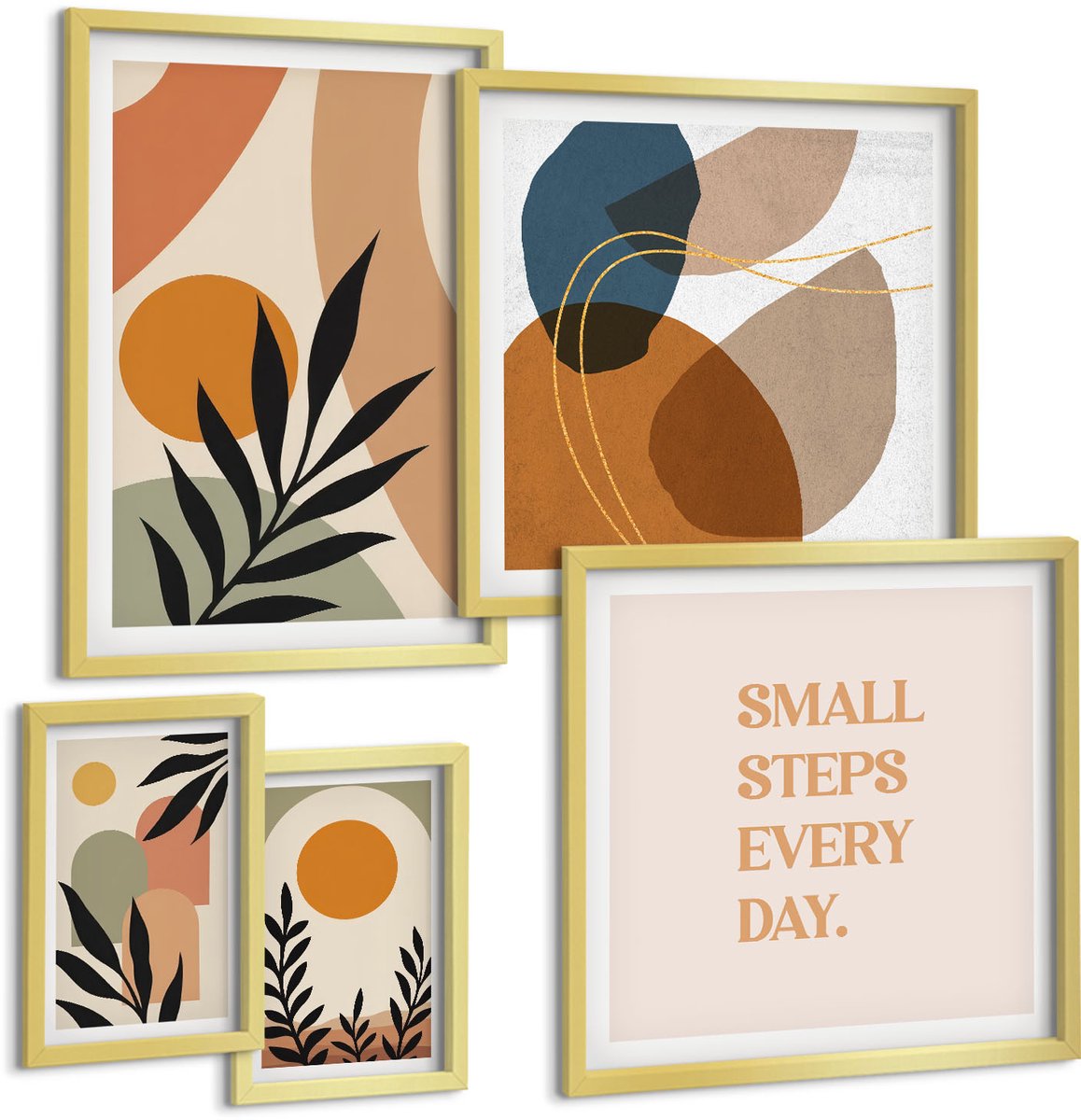 TULUP 5-Delige Schilderij Set - Stijlvolle afbeeldingen met plantmotieven en abstracte vormen. - 50 x 50 cm, 20 x 30 cm en 40 x 60 cm - Muurdecoratie - Schilderijen Set - Woonkamer Gouden lijst