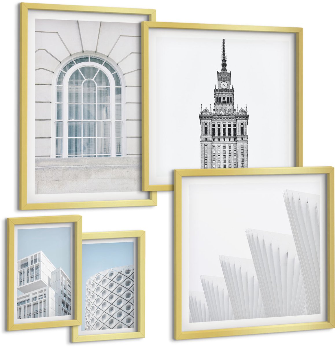 TULUP 5-Delige Schilderij Set - Moderne architectuur: minimalistische vormen en lijnen - 50 x 50 cm, 20 x 30 cm en 40 x 60 cm - Moderne Wanddecoratie - Woonkamer Gouden lijst