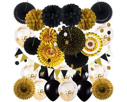 ZERODECO Zwarte en gouden feestdecoraties, confetti ballonnen decoratieve opvouwbare ventilatoren papieren pompons - ShopVlot