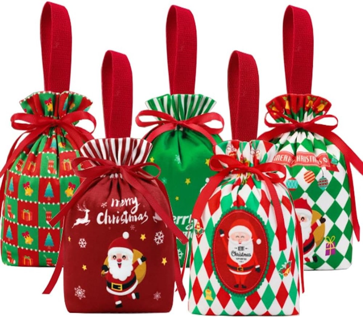 Kerstzakken - Veelkleurig - 15 x 23 cm - Herbruikbare Snoepzakjes met Trekkoord - Voor Kerstfeest