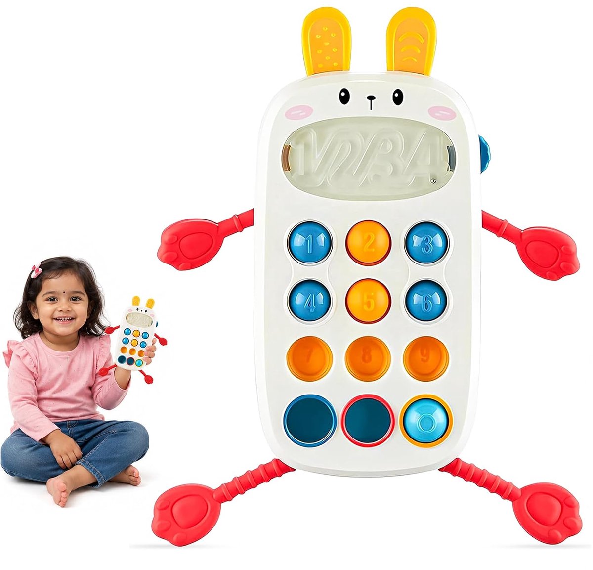 Casalora – Baby Pop It Telefoon Speelgoed – Educatief Speelgoed – Sensorisch Drukknoppen met Cijfers – Montessori Babyspeelgoed – Babybijtstokjes – Baby badspeelgoed – 6–18 Maanden – Wit