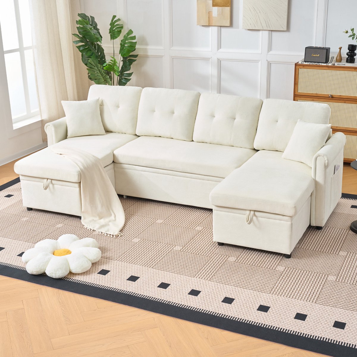 OKWISH U-bank 4-Zits - Slaapbank met Opbergruimte - Voor Woonkamer en Logeerkamer - Chenille - Beige