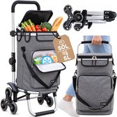 SquareSix Boodschappentrolley Traploper 50L met Koelvak - Boodschappenkar - Winkeltrolley Opvouwbaar - Afneembare Tas - Steekwagenfunctie - Grijs