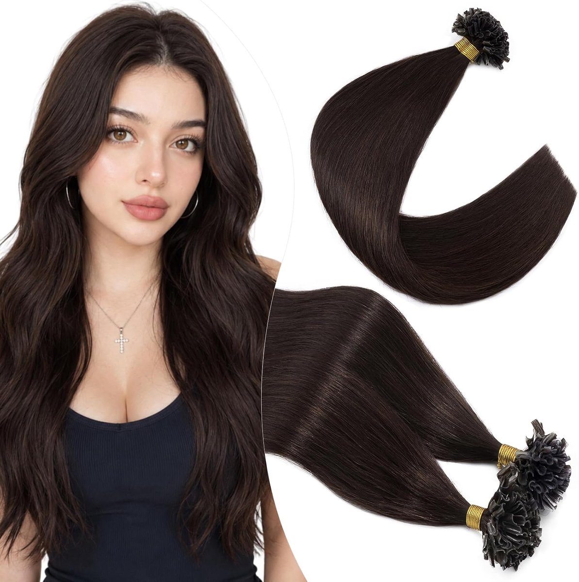 Elailite Human Hair Bonding Extensions Dark Brown Hair Extension 50g 100 Strands U-Tip Keratin Human Hair 0.5g/Strands - ShopVlot