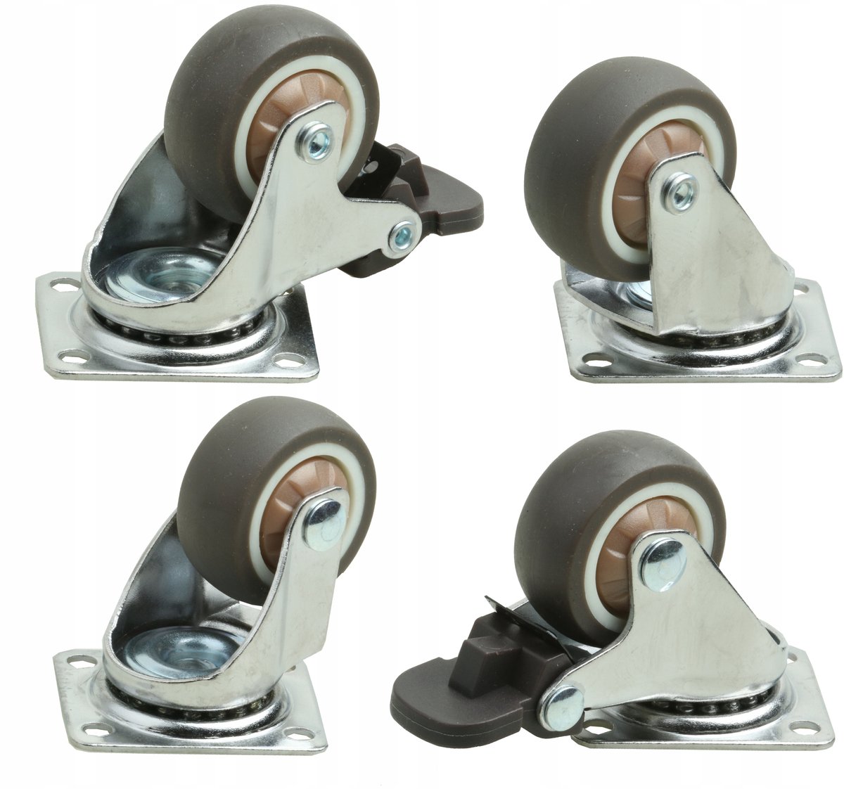 4x Zwenkwielen 40mm Rubber met Rem - Meubelwielen