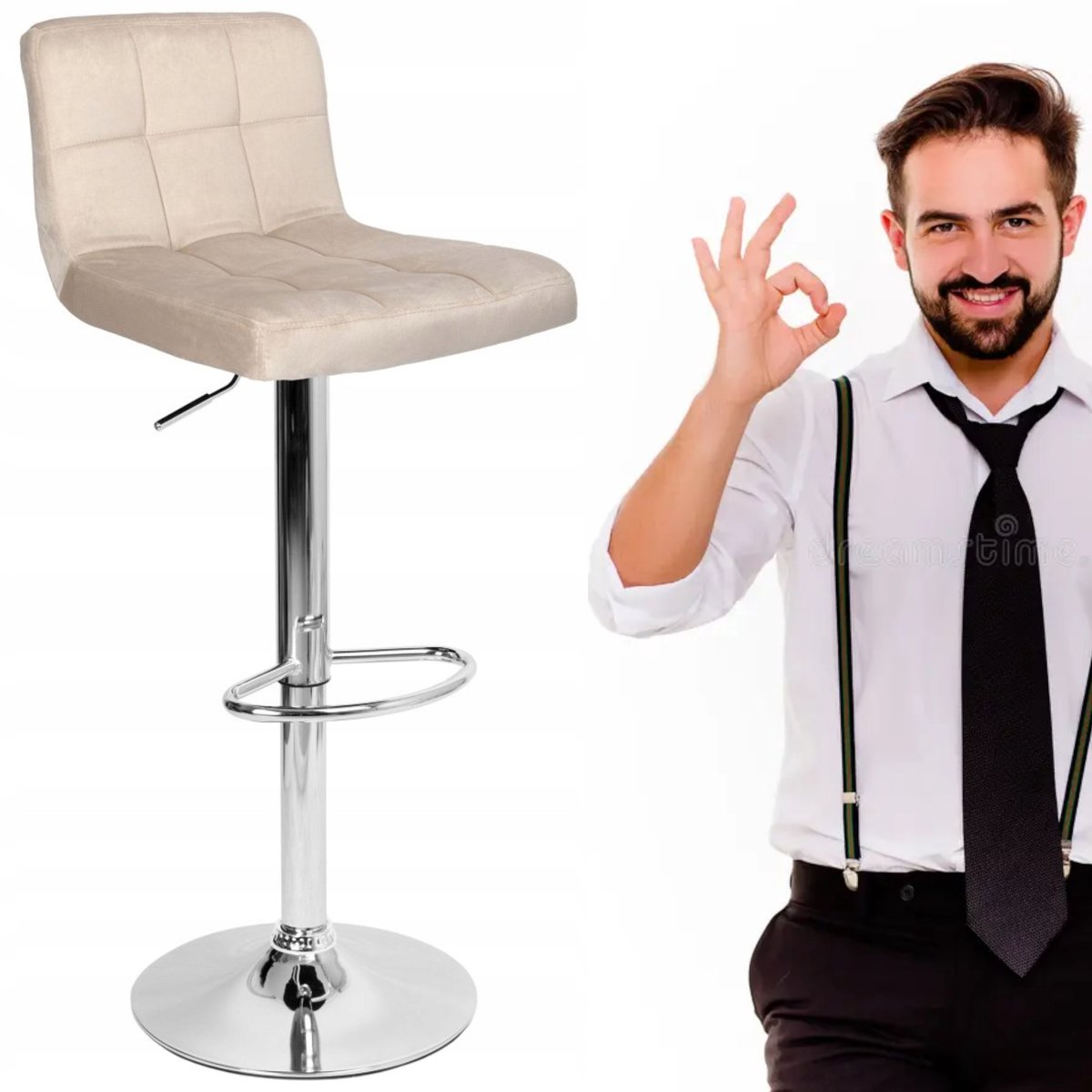 Verstelbare Bar Kruk Beige Velvet, Draaibaar & Verstelbaar