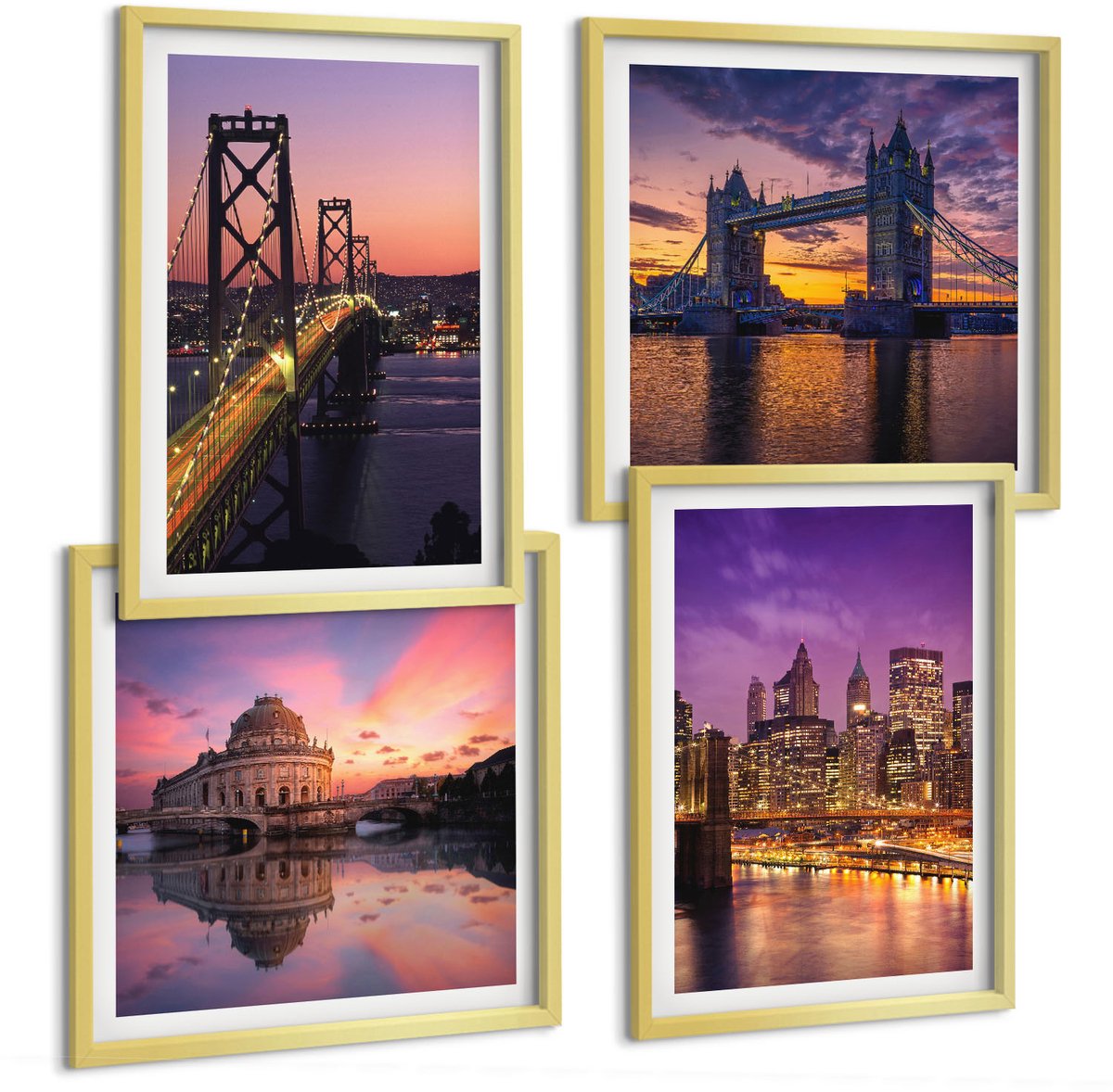 TULUP 4-Delige Schilderij Set - Bruggen bij zonsondergang en stedelijke landschappen - 40 x 40 cm en 40 x 60 cm - Muurdecoratie - Wanddecoratie - Slaapkamer - Moderne Wanddecoratie Gouden lijst