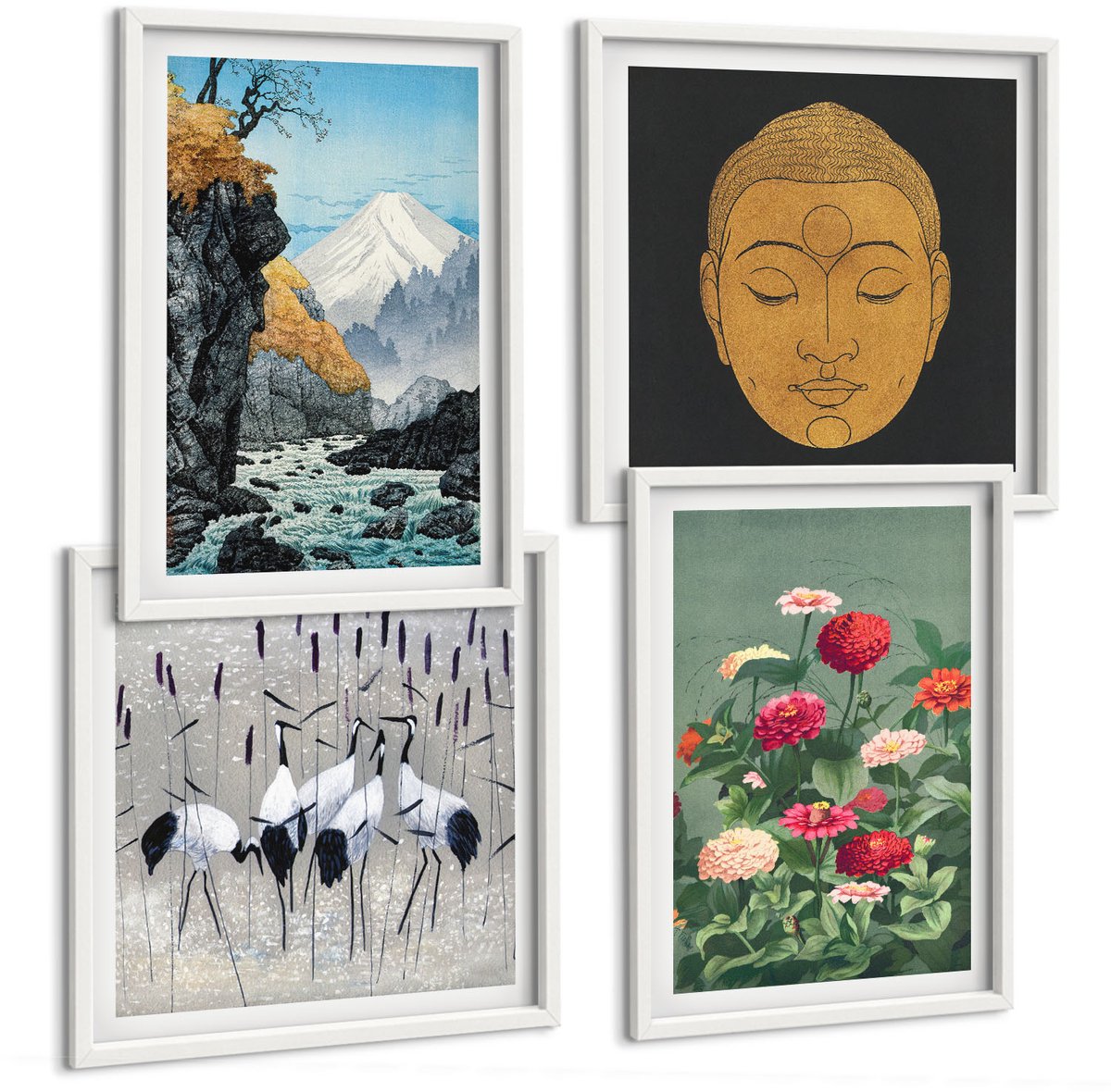 Tulup 4-Delige Schilderij Set - Japanse natuur en cultuur in Japandi-stijl - 40x40 en 40x60 - Muurdecoratie - Wanddecoratie - Slaapkamer