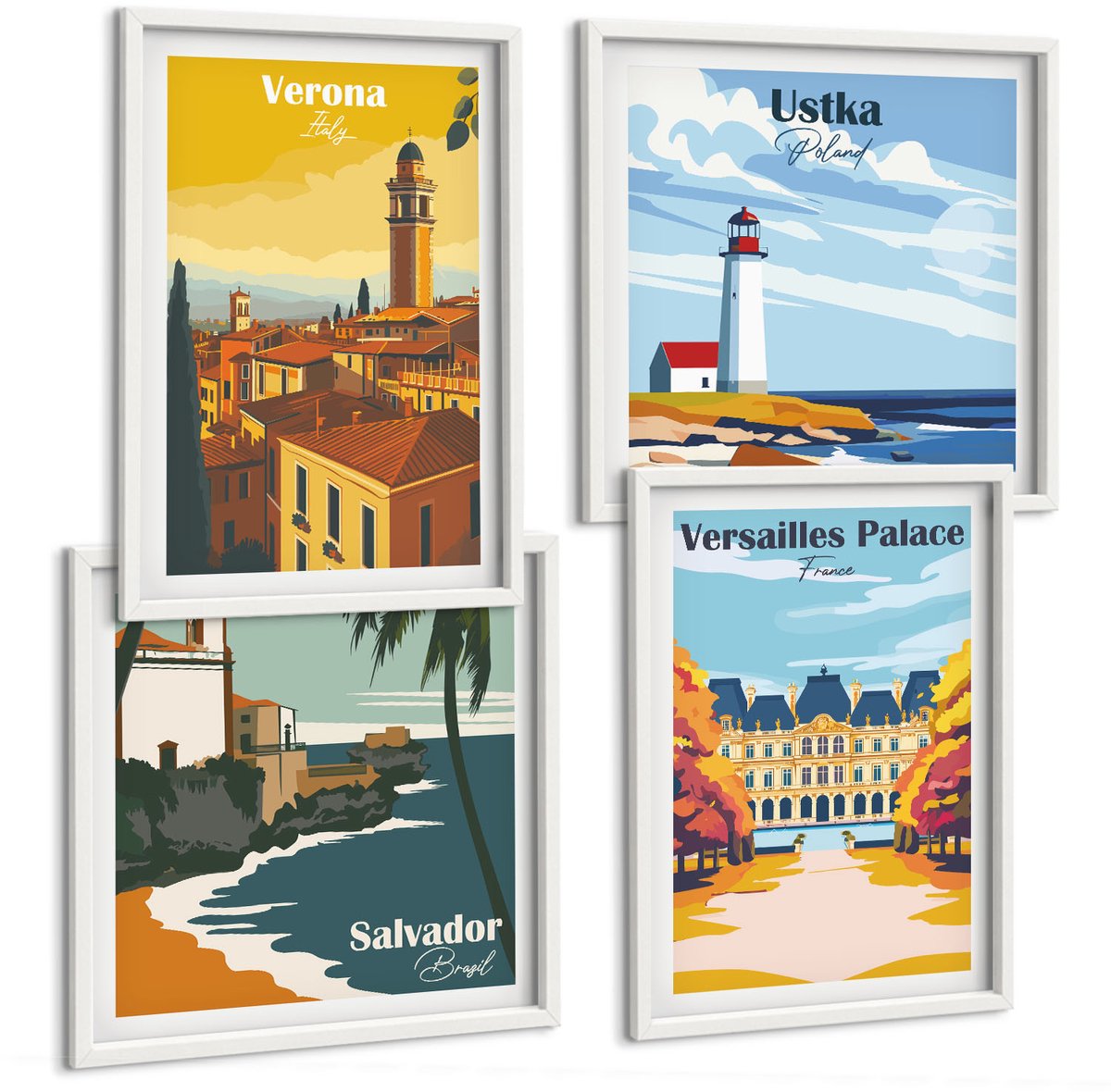 Tulup 4-Delige Schilderij Set - Uitzichten op beroemde plekken aan zee en in steden - 40x40 en 40x60 - Wanddecoratie - Moderne Interieurdecoratie - Decoratieve Schilderijen