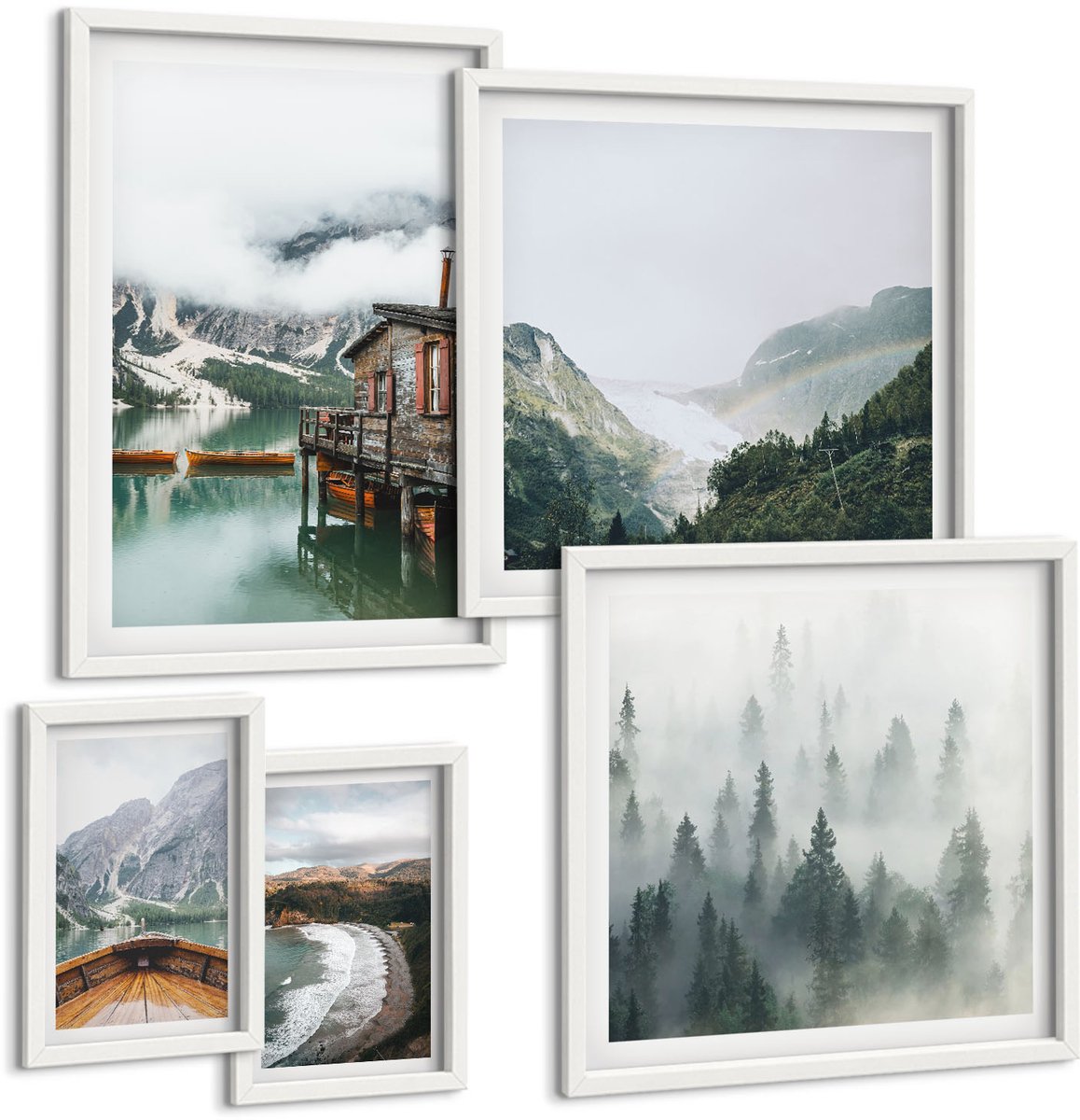 Tulup 4-Delige Schilderij Set - Berglandschappen met huisjes aan het water en in de bossen. - 50 x 50 cm, 20 x 30 cm en 40 x 60 cm - Schilderijen Set - Wanddecoratie - Woonkamer - Woonkamer Decoratie
