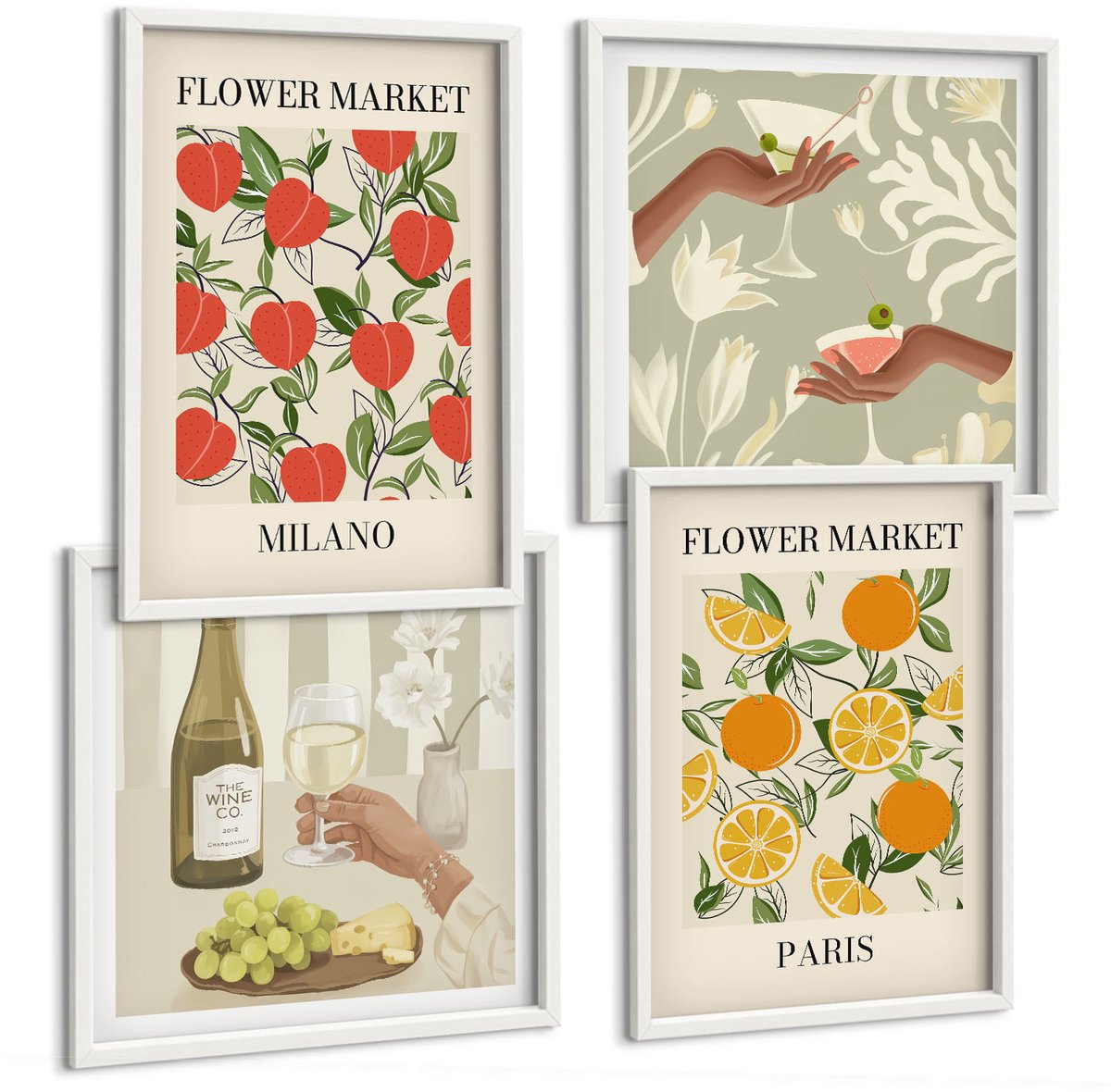 Tulup 4-Delige Schilderij Set - Bloemenposters en wijn Milaan Parijs - 40x40 en 40x60 - Muurdecoratie - Wanddecoratie - Slaapkamer - Decoratieve Schilderijen