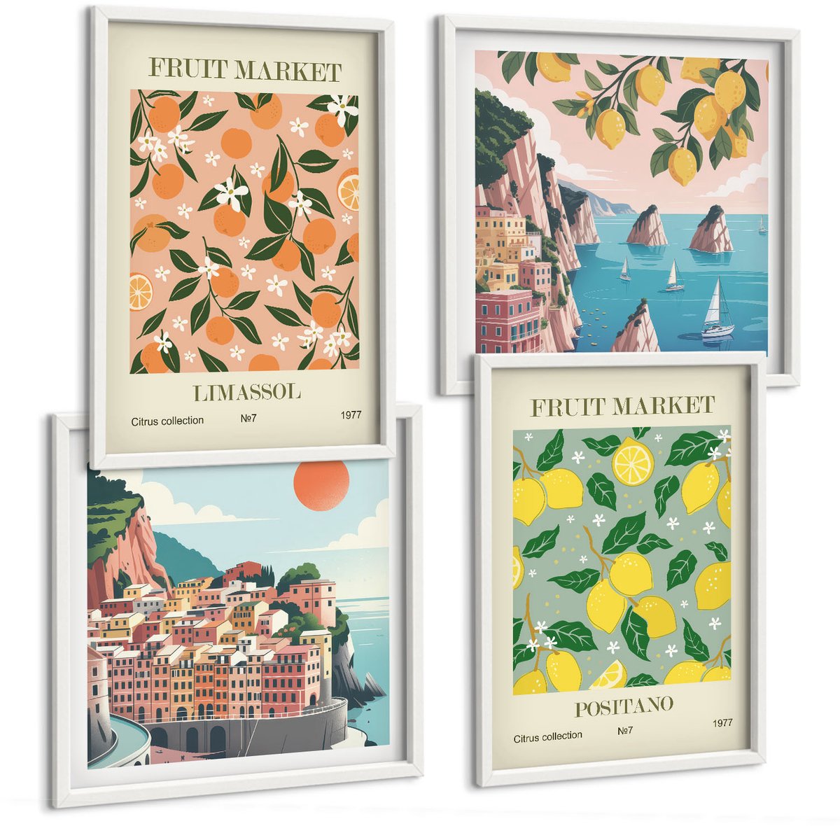 Tulup 4-Delige Schilderij Set - Citrusvruchten en tropisch fruit op Italiaanse wijze - 40x40 en 40x60 - Stijlvolle Wanddecoratie - Interieur - Woonkamer Decoratie