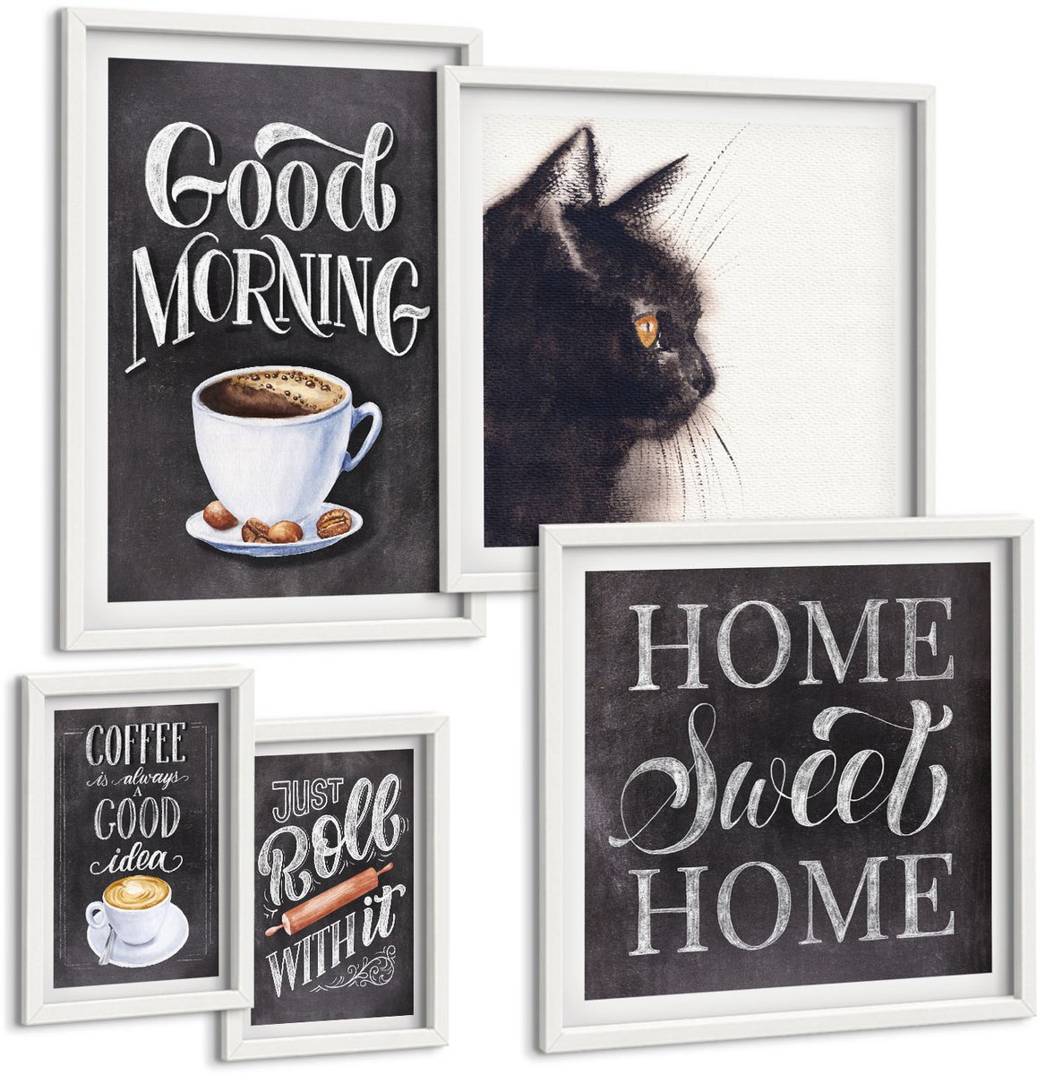 Tulup 4-Delige Schilderij Set - Koffie-inspiratie met een kat en positieve slogans - 50 x 50 cm, 20 x 30 cm en 40 x 60 cm - Stijlvolle Wanddecoratie - Interieur - Decoratieve Schilderijen