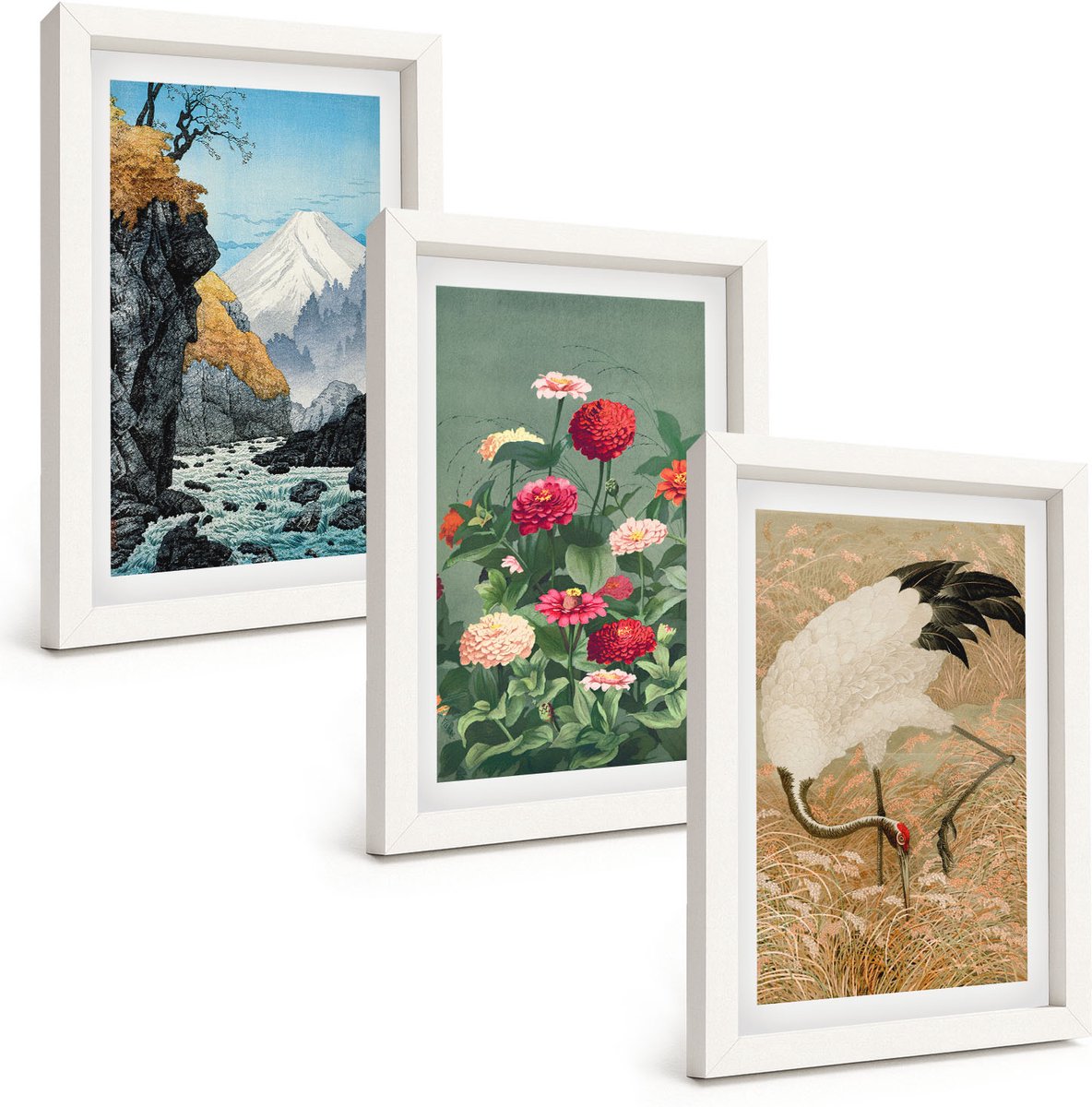 Tulup 3-Delige Schilderij Set - Bergen in het landschap, een rivier, bloemen en kraanvogels in het gras. - 20x30 - Muurdecoratie - Schilderijen Set - Woonkamer - Interieur Decoratie