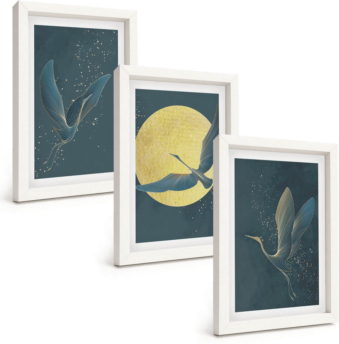Tulup 3-Delige Schilderij Set - Kraanvogels in vlucht tegen de achtergrond van de maan en de sterren. - 20x30 - Decoratieve Schilderijen - Wanddecoratie - Hal - Stijlvolle Muurdecoratie