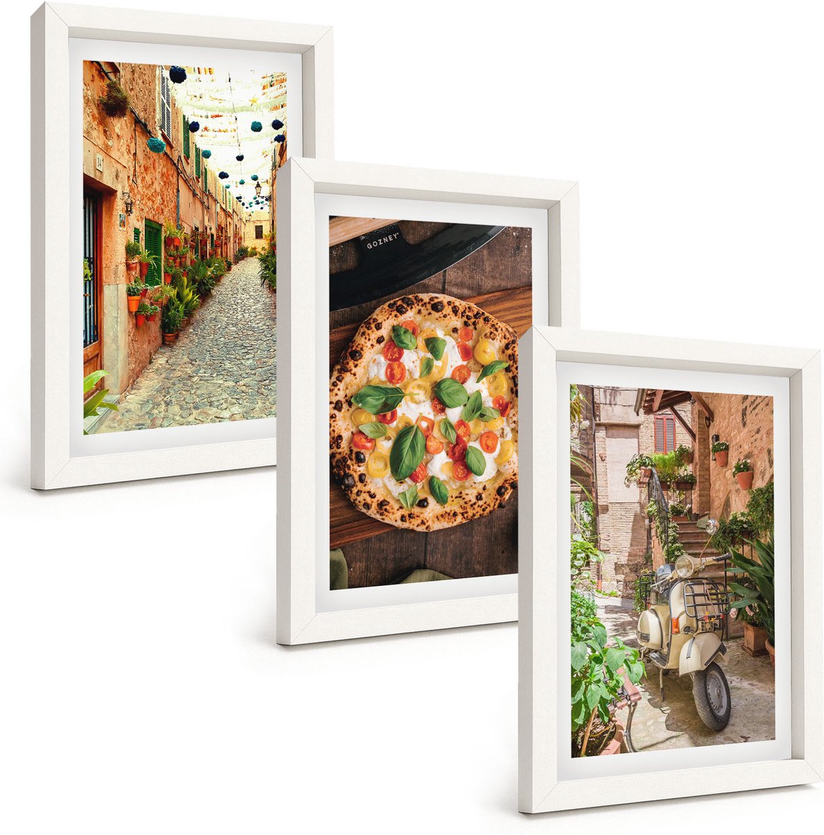 Tulup 3-Delige Schilderij Set - Sfeervolle straatjes met planten en Italiaanse pizza. - 20x30 - Stijlvolle Wanddecoratie - Interieur