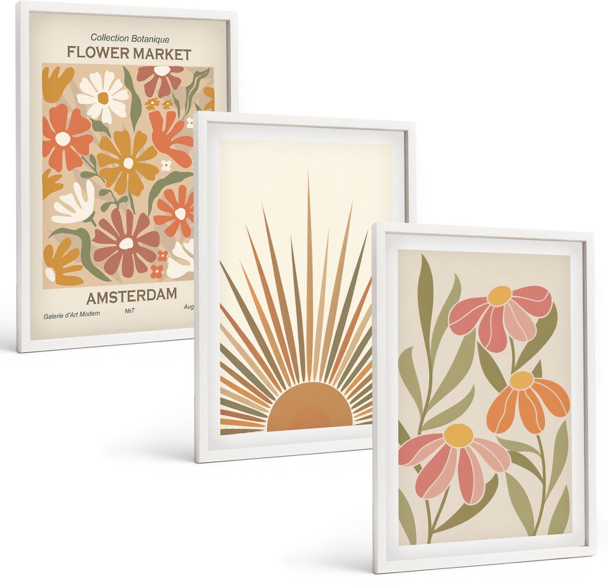 Tulup 3-Delige Schilderij Set - Bloemen in pastelkleuren met zonnestralen - 40x60 - Muurdecoratie - Decoratieve Schilderijen - Wohnzimmer - Stijlvolle Muurdecoratie