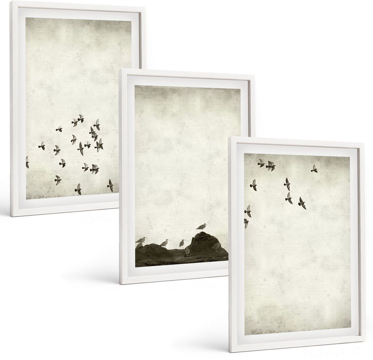 Tulup 3-Delige Schilderij Set - Vogels in vlucht, geschilderd in minimalistische stijl. - 40x60 - Wanddecoratie - Schilderijen Set - Interieur - Woonkamer Decoratie