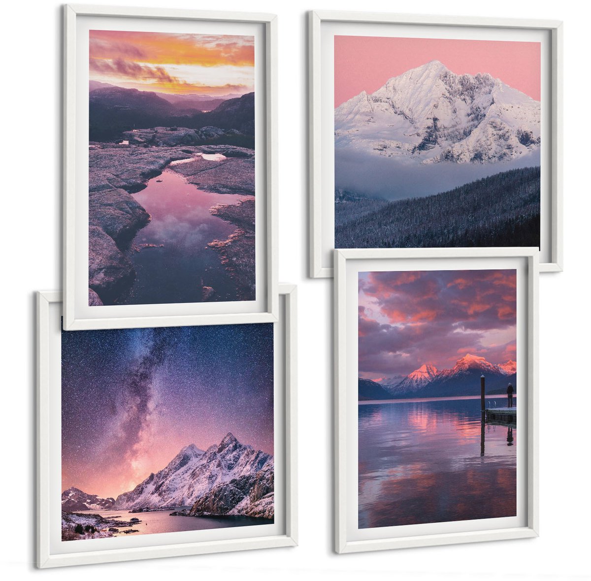Tulup 4-Delige Schilderij Set - Bergen en water in prachtige natuurlijke landschappen - 40x40 en 40x60 - Wanddecoratie - Schilderijen Set - Kantoor - Decoratieve Schilderijen