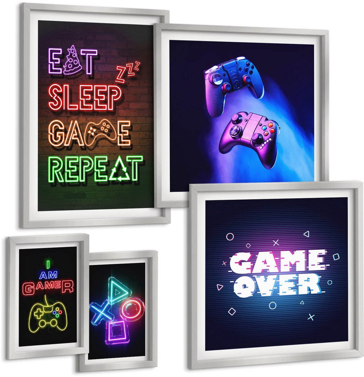 TULUP 4-Delige Schilderij Set - Neon computerspelthema's voor enthousiaste gamers - 50 x 50 cm, 20 x 30 cm en 40 x 60 cm - Stijlvolle Muurdecoratie - Slaapkamer - Woonkamer Decoratie Zilveren lijst