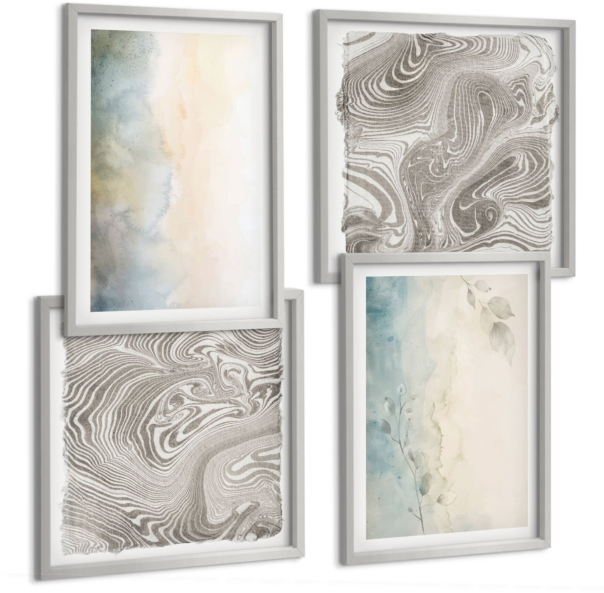 TULUP 4-Delige Schilderij Set - Fijne aquarelkartonnen - 40 x 40 cm en 40 x 60 cm - Muurdecoratie - Decoratieve Schilderijen - Wohnzimmer Zilveren lijst