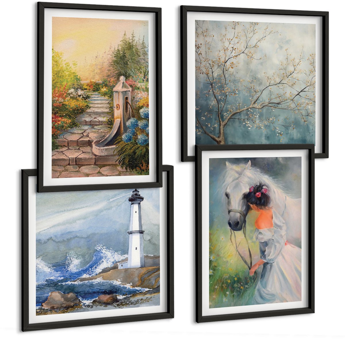 Tulup 4-Delige Schilderij Set - Natuurlandschap, vuurtoren en meisje met paard - 40 x 40 cm en 40 x 60 cm - Muurdecoratie - Wanddecoratie - Slaapkamer - Moderne Wanddecoratie