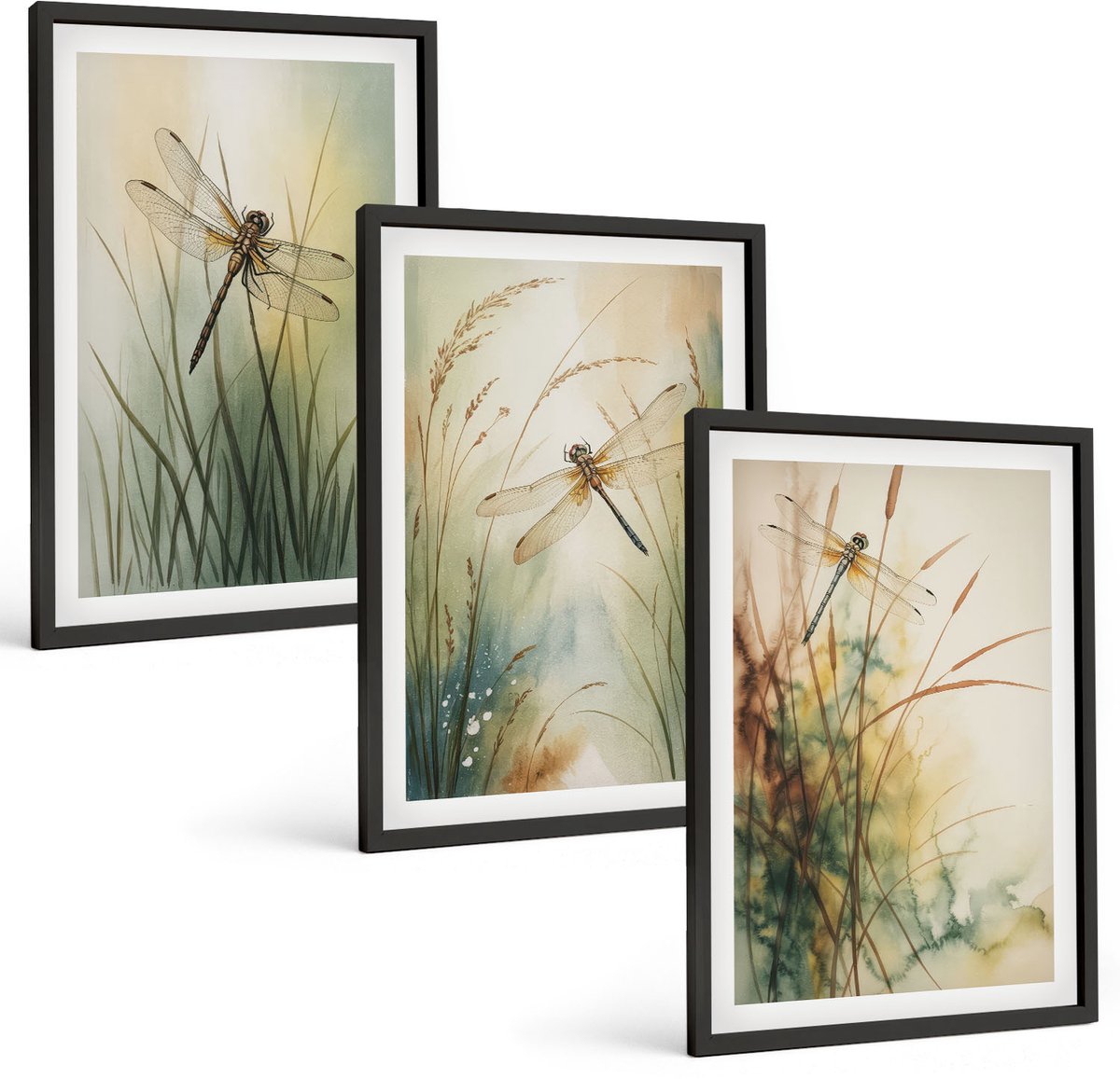Tulup 4-Delige Schilderij Set - Geschilderd gras met libellen boven het water. - 40 x 60 cm - Wanddecoratie - Schilderijen Set - Interieur