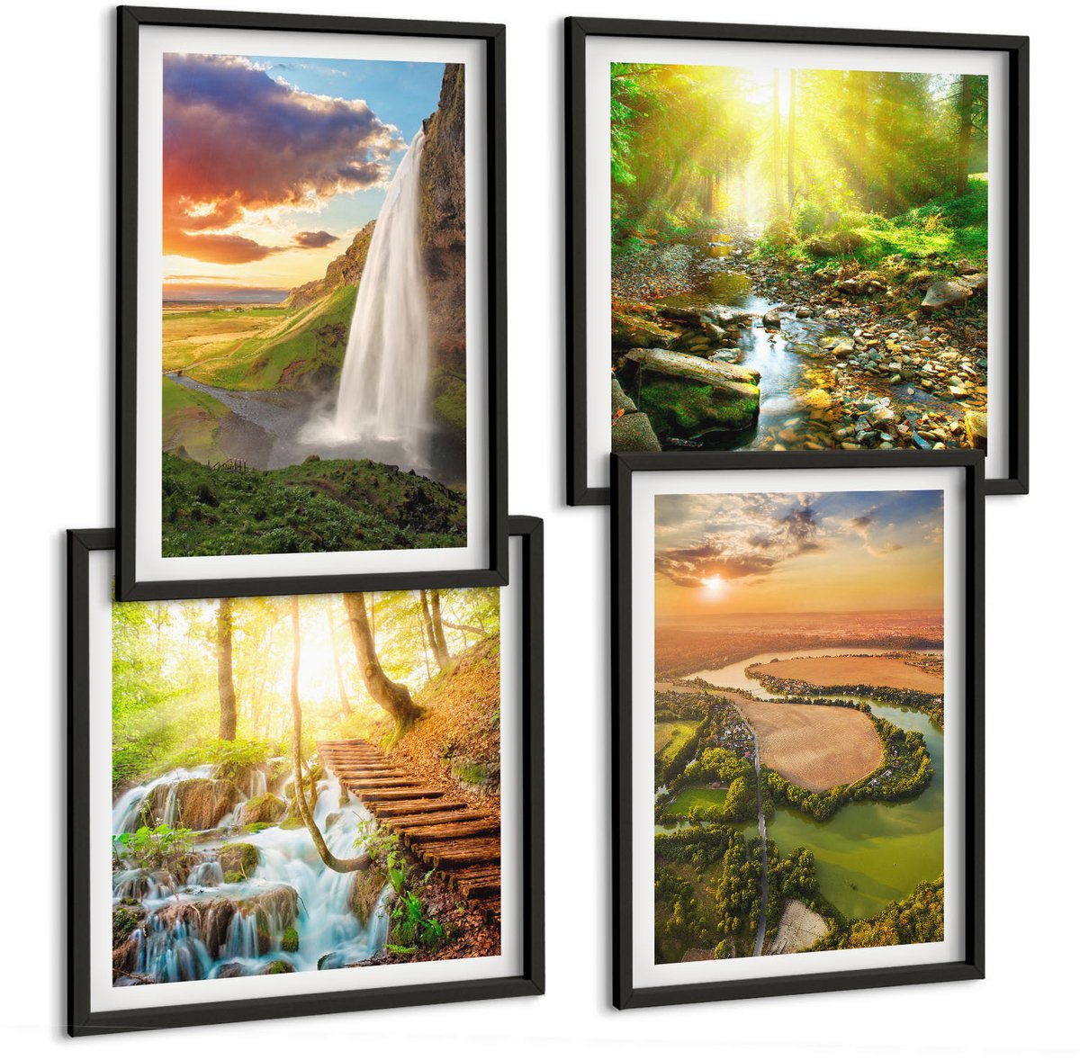 Tulup 4-Delige Schilderij Set - Waterval Bergen Sinaasappels Italiaans Landschap Zonsondergang - 40 x 40 cm en 40 x 60 cm - Muurdecoratie - Interieur Decoratie - Moderne Wanddecoratie