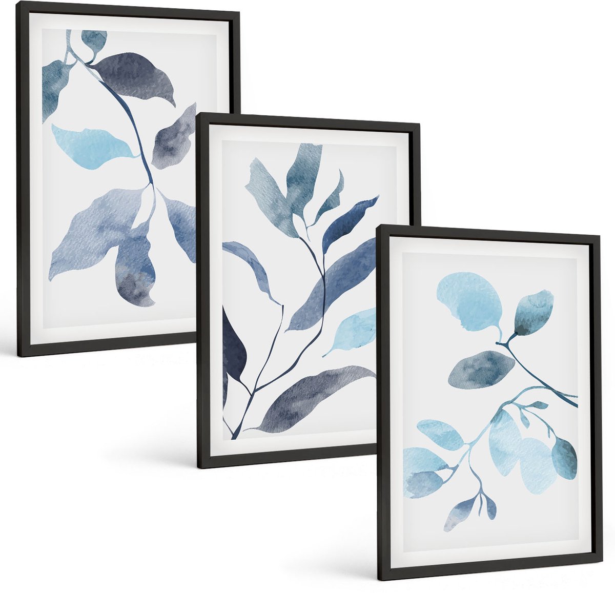 Tulup 4-Delige Schilderij Set - Blauwe bladeren op een lichte achtergrond in aquarelstijl - 40 x 60 cm - Schilderijen Set - Wanddecoratie - Woonkamer - Interieur Decoratie