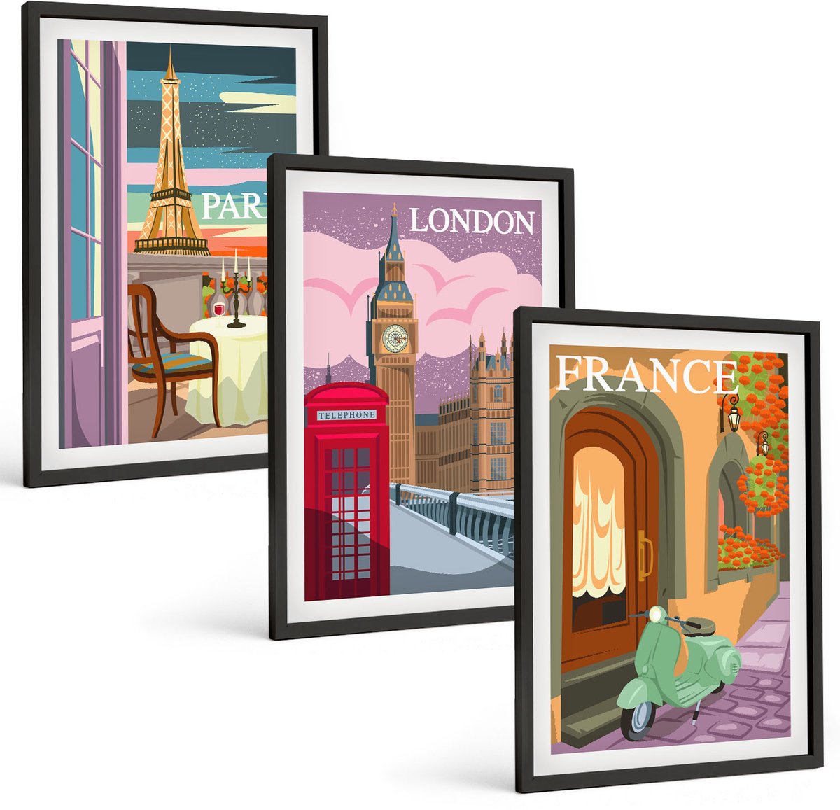 Tulup 4-Delige Schilderij Set - Retro stadsgezichten van Parijs, Londen en Frankrijk - 40 x 60 cm - Schilderijen Set - Wanddecoratie - Woonkamer - Woonkamer Decoratie